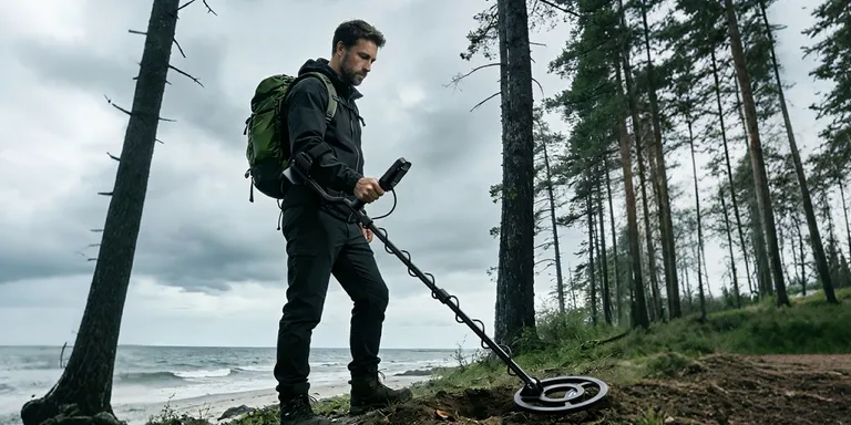 A detectorist sweeps the edge of a pine forest above the sea