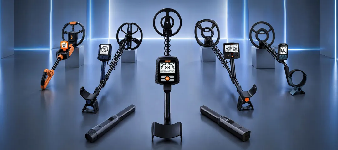 The SUNPOW metal detector and pinpointer lineup on a lit studio floor