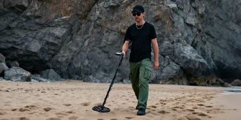 A detectorist walks dry sand at the foot of a rock face