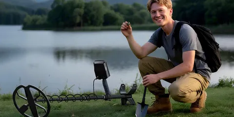 A smiling detectorist holds up a find beside a lake, metal detector on the grass
