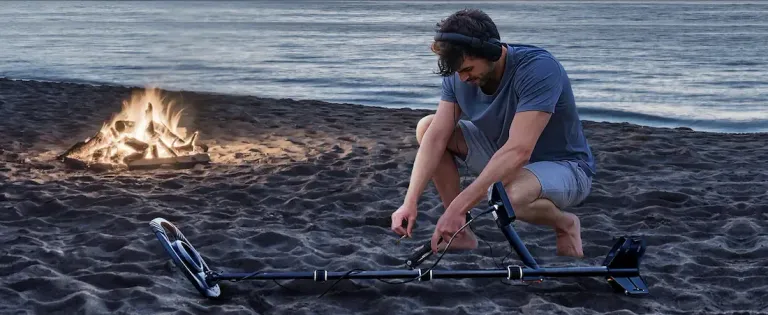 A detectorist kneels over a find on a beach at dusk beside a driftwood fire