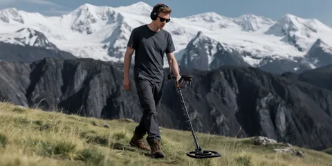 A detectorist in headphones crosses an alpine meadow below snowy peaks