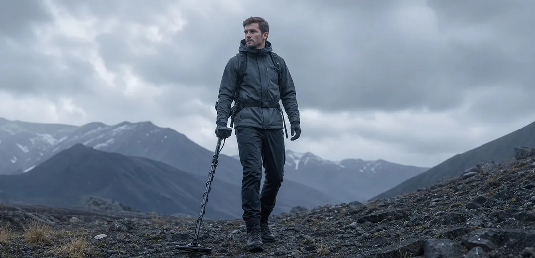 A detectorist walks a ridge with a SUNPOW metal detector under a grey sky