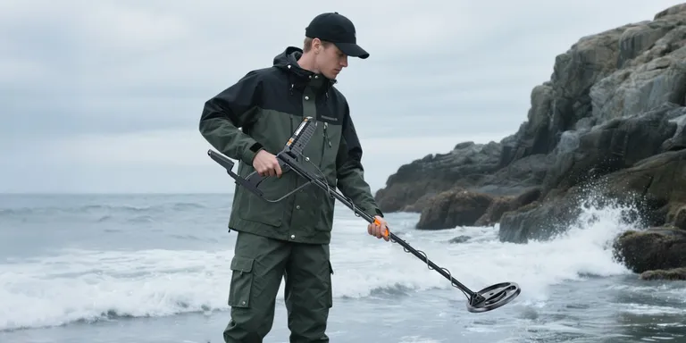 A detectorist sweeps the wet sand at the edge of the surf below sea rocks