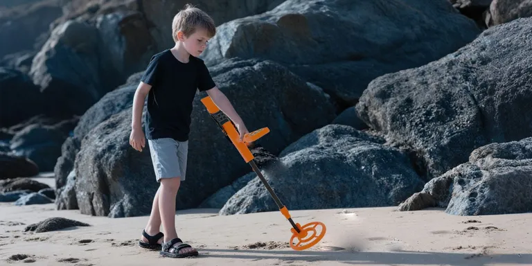 A boy sweeps an orange SUNPOW kids metal detector over sand between rocks
