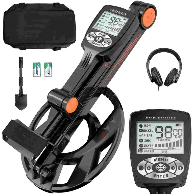 An earlier SUNPOW metal detector kit with headphones, folding shovel, batteries and carry bag