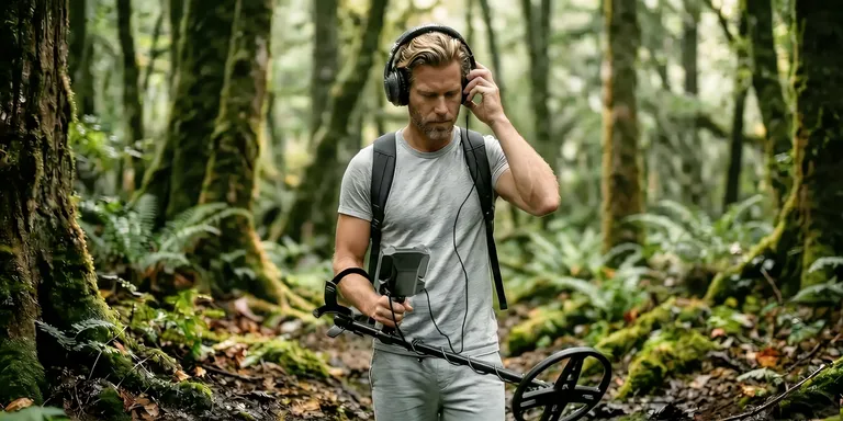 A detectorist in headphones listens for a signal on a forest trail