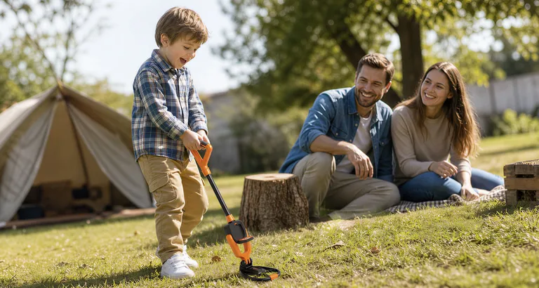 A child sweeps an orange SUNPOW kids metal detector across the grass while his parents watch