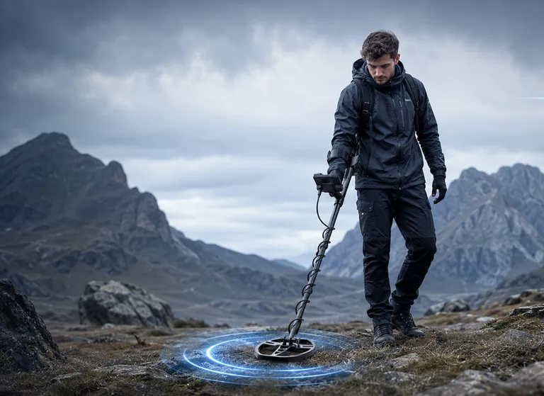 A SUNPOW metal detector held low over rock and grass below mountain peaks