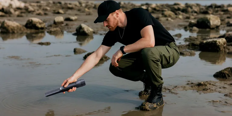 A detectorist checks a target in a shallow stream with a SUNPOW pinpointer